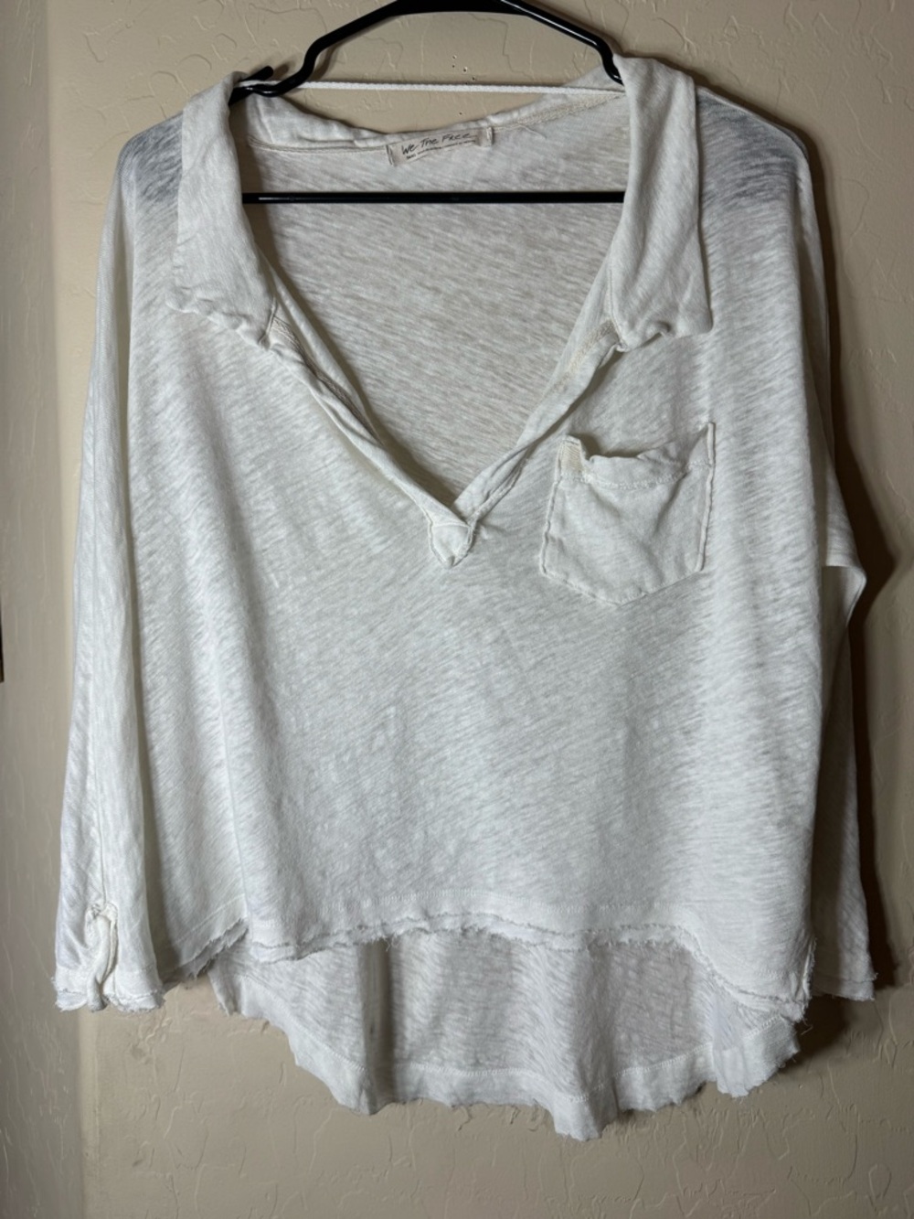 We The Free Linen Cotton Collared Pocket Top White Raw Hem Oversized Blouse
